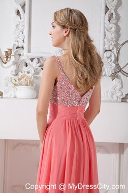 Spaghetti Straps Empire Chiffon Brush Train Watermelon Prom Dresses