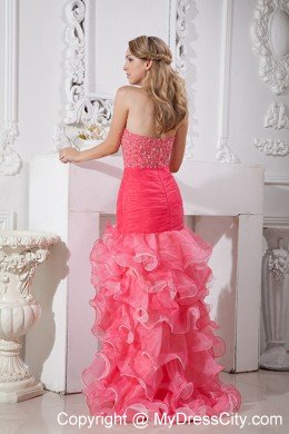 Mermaid Beaded Ruffles Organza Sweetheart Watermelon Prom Dresses