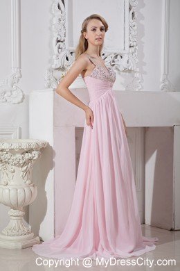 Beaded Straps Chiffon Empire Prom Dresses with Gold and Silver Beading