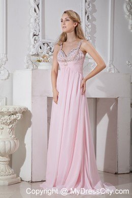 Beaded Straps Chiffon Empire Prom Dresses with Gold and Silver Beading