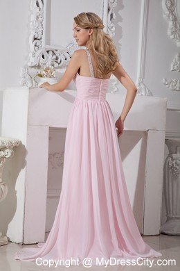 Beaded Straps Chiffon Empire Prom Dresses with Gold and Silver Beading