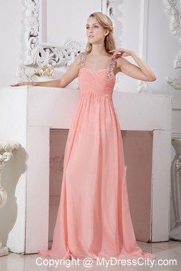 Beaded Straps Ruching Watermelon Brush Train Chiffon Prom Dresses