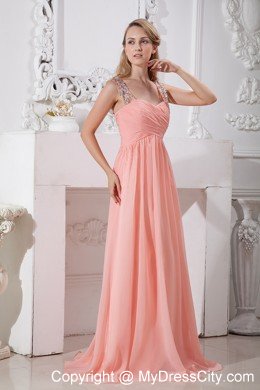 Beaded Straps Ruching Watermelon Brush Train Chiffon Prom Dresses