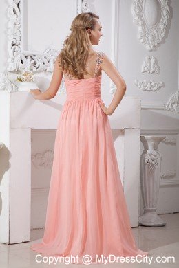 Beaded Straps Ruching Watermelon Brush Train Chiffon Prom Dresses