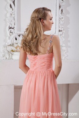 Beaded Straps Ruching Watermelon Brush Train Chiffon Prom Dresses