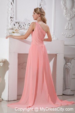 High-low Ruched One Shoulder Chiffon Beading Watermelon Prom Dress