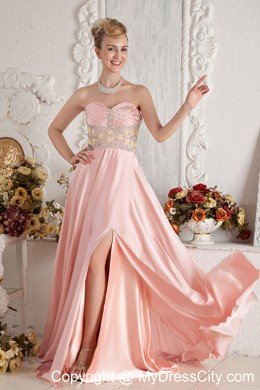 Baby Pink High Slit Sweetheart Beading Prom Dress with Brush Train