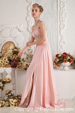 Baby Pink High Slit Sweetheart Beading Prom Dress with Brush Train