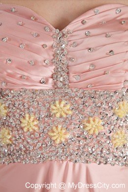 Baby Pink High Slit Sweetheart Beading Prom Dress with Brush Train