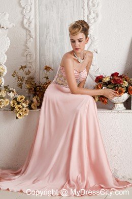 Baby Pink High Slit Sweetheart Beading Prom Dress with Brush Train