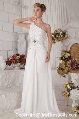 Single Shoulder Brush Train Chiffon Beading White Prom Dress