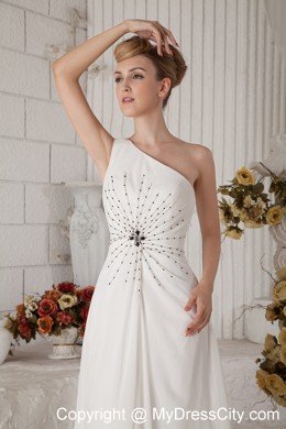 Single Shoulder Brush Train Chiffon Beading White Prom Dress