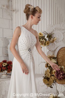 Single Shoulder Brush Train Chiffon Beading White Prom Dress