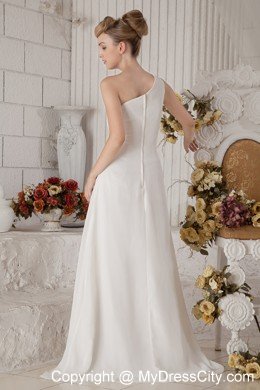 Single Shoulder Brush Train Chiffon Beading White Prom Dress