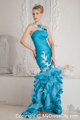 Organza One Shoulder Strap Mermaid Ruffles 2013 Teal Prom Dress