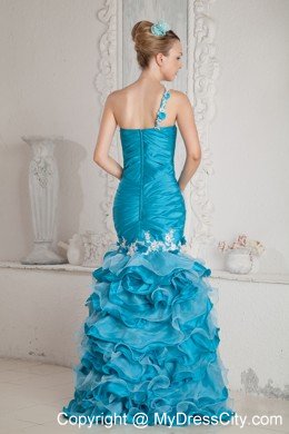 Organza One Shoulder Strap Mermaid Ruffles 2013 Teal Prom Dress