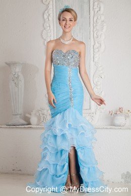 Mermaid Ruched Beading Sky Blue Prom Dresses with Ruffles