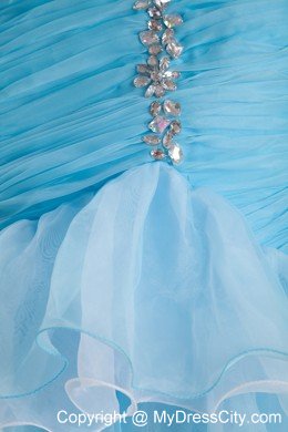 Mermaid Ruched Beading Sky Blue Prom Dresses with Ruffles