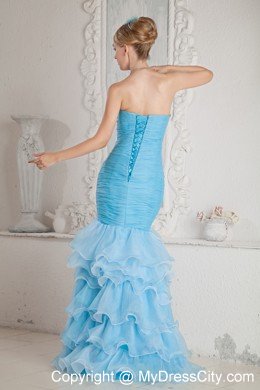 Mermaid Ruched Beading Sky Blue Prom Dresses with Ruffles