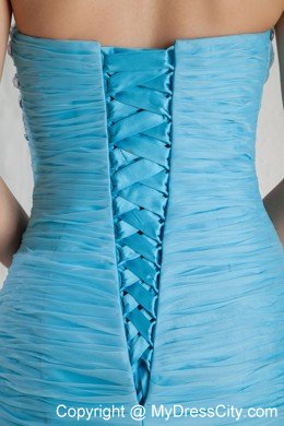 Mermaid Ruched Beading Sky Blue Prom Dresses with Ruffles