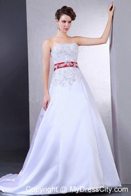 Luxurious Court Train Bridal Dress with Appliques and Red Sash