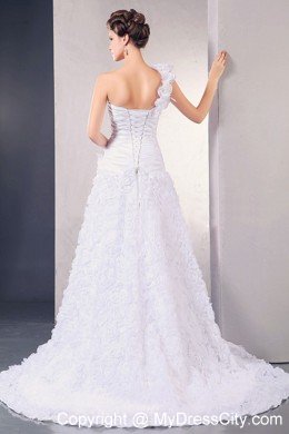 Rolling Flowers Lace-up Wedding Dress with Flower One Shoulder