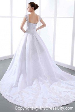 Straps A-line Beading Lace Wedding Gown of Cathedral Train