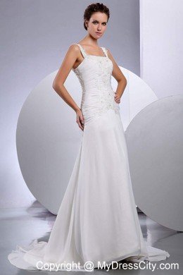 Straps A-line Embroidery Brush Train Ruched Wedding Gown