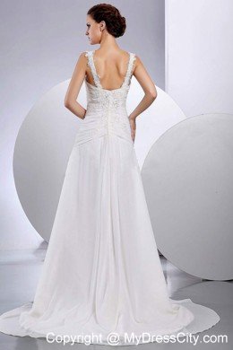 Straps A-line Embroidery Brush Train Ruched Wedding Gown