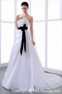 Ruched and Appliqued White Wedding Dress with Black Sash