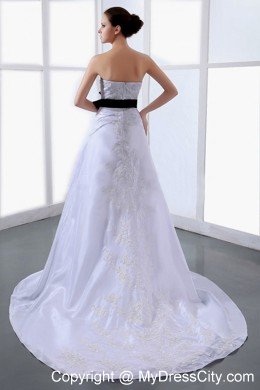 Ruched and Appliqued White Wedding Dress with Black Sash