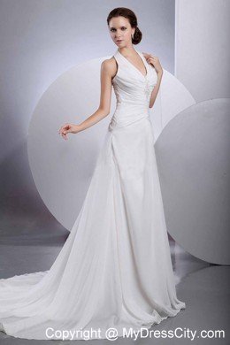 A-line Halter Appliques Court Train Ruched Wedding Dress