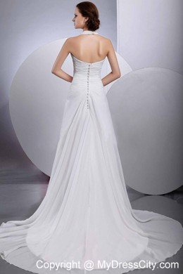 A-line Halter Appliques Court Train Ruched Wedding Dress