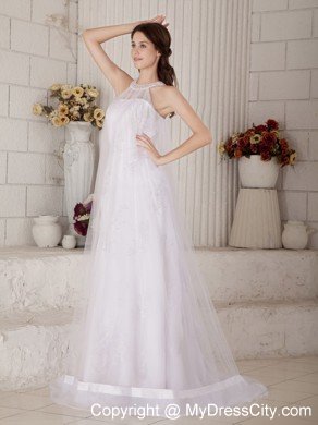 Column High-neck Beading Criss-cross Back Wedding Dress