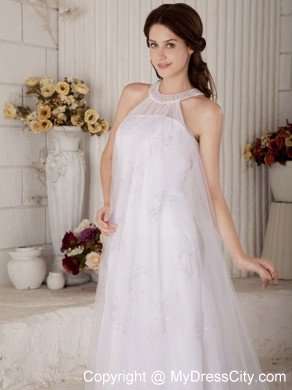 Column High-neck Beading Criss-cross Back Wedding Dress