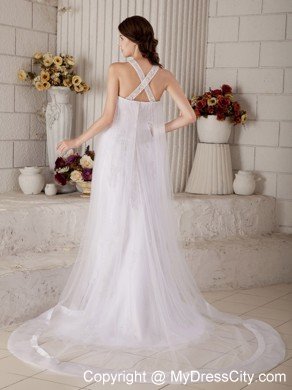 Column High-neck Beading Criss-cross Back Wedding Dress