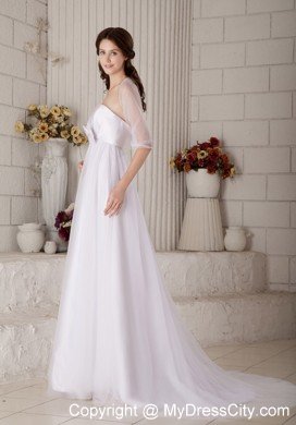 A-line Bowknot Brush Train Wedding Gown with Sheer Jacket