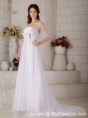 A-line Bowknot Brush Train Wedding Gown with Sheer Jacket