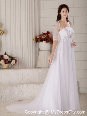 A-line Bowknot Brush Train Wedding Gown with Sheer Jacket