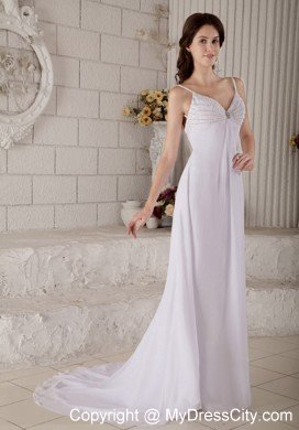 Column Spaghetti Straps Chiffon Beading Backless Bridal Dress