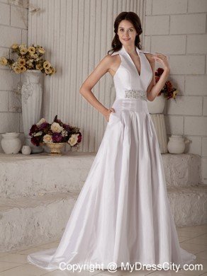 Halter A-line Court Train Beading Decorate Waist Bridal Gown