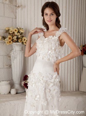 Column Straps Sweep Train Lace Wedding Dress with Appliques