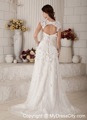 Column Straps Sweep Train Lace Wedding Dress with Appliques