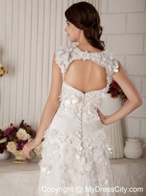 Column Straps Sweep Train Lace Wedding Dress with Appliques