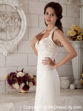 Simple Halter Column Sweep Train Zipper-up Ruched Wedding Gown