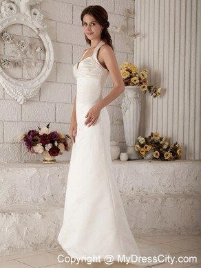 Simple Halter Column Sweep Train Zipper-up Ruched Wedding Gown