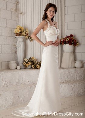 Simple Halter Column Sweep Train Zipper-up Ruched Wedding Gown