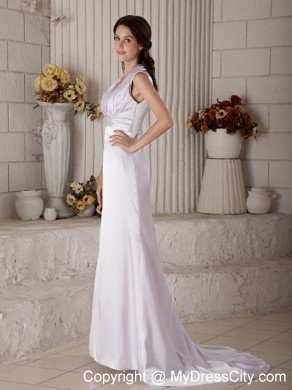 Halter V-back Column Wedding Dress with Beading and Ruches