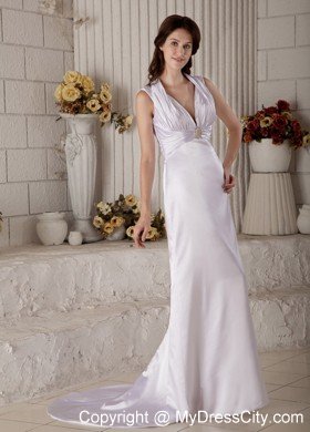 Halter V-back Column Wedding Dress with Beading and Ruches