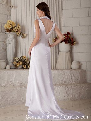 Halter V-back Column Wedding Dress with Beading and Ruches